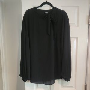 NWT Torrid Sz 4 Black Sheer Longsleeve Bow Tie Blouse Off Center Keyhole Romanti